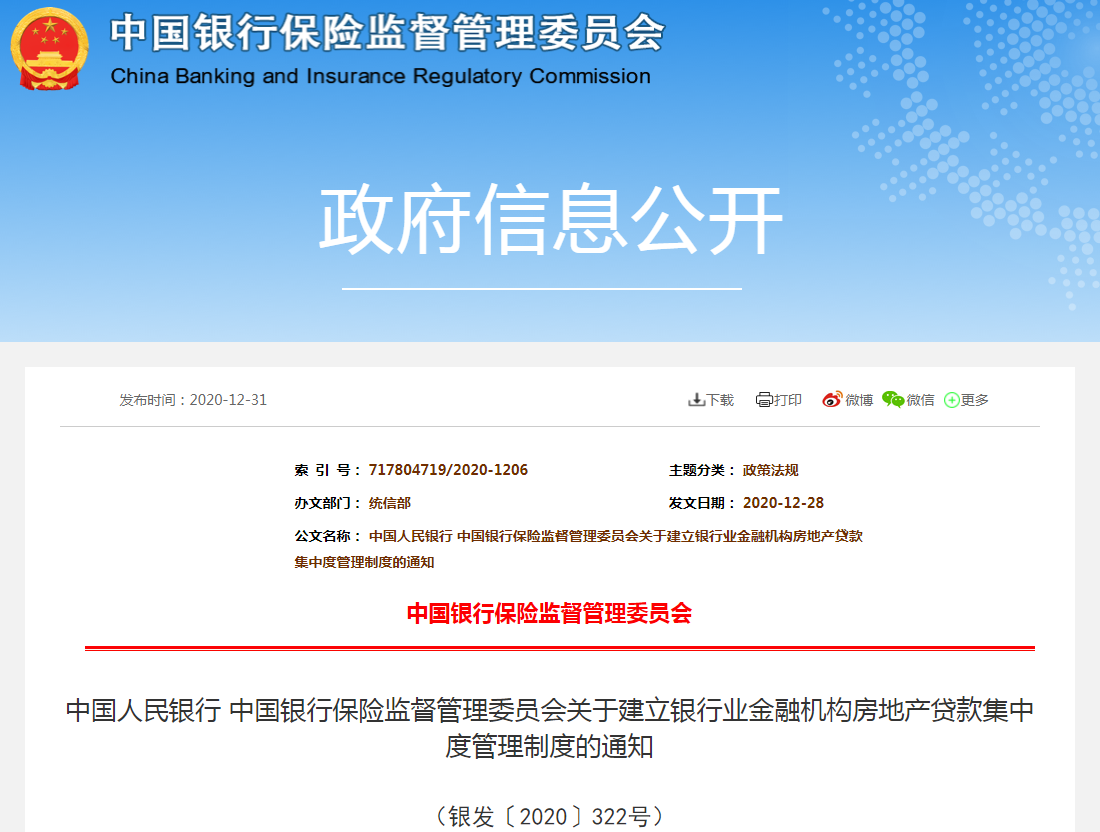 关于建立银行业金融机构房地产贷款集中度管理制度的通知（银发〔2020〕322号）