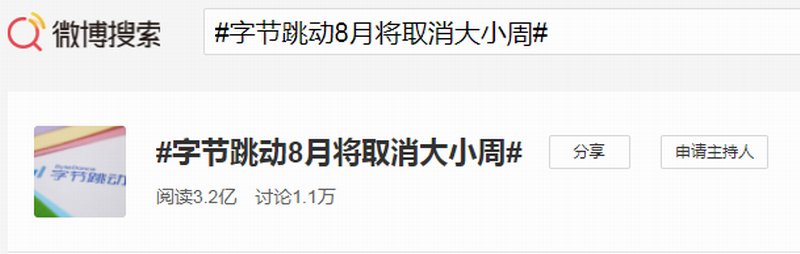 截止12日清晨3时许,关于“字节跳动8月将取消大小周”的标签吸引1.1万人讨论。.png 截止12日清晨3时许,关于“字节跳动8月将取消大小周”的标签吸引1.1万人讨论。.png