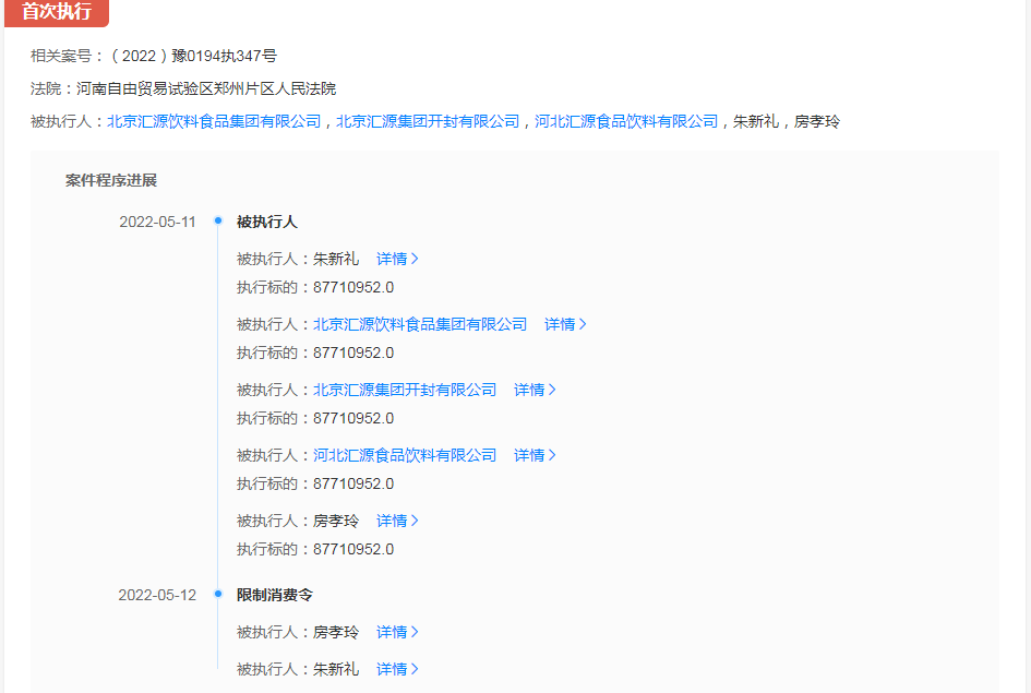 执行法院:河南自由贸易试验区郑州片区人民法院(2022)豫0194执347号,被执行人:北京汇源饮料食品集团有限公司,北京汇源集团开封有限公司,河北汇源食品饮料有限公司,朱新礼,房孝玲。.png 执行法院:河南自由贸易试验区郑州片区人民法院(2022)豫0194执347号,被执行人:北京汇源饮料食品集团有限公司,北京汇源集团开封有限公司,河北汇源食品饮料有限公司,朱新礼,房孝玲。.png